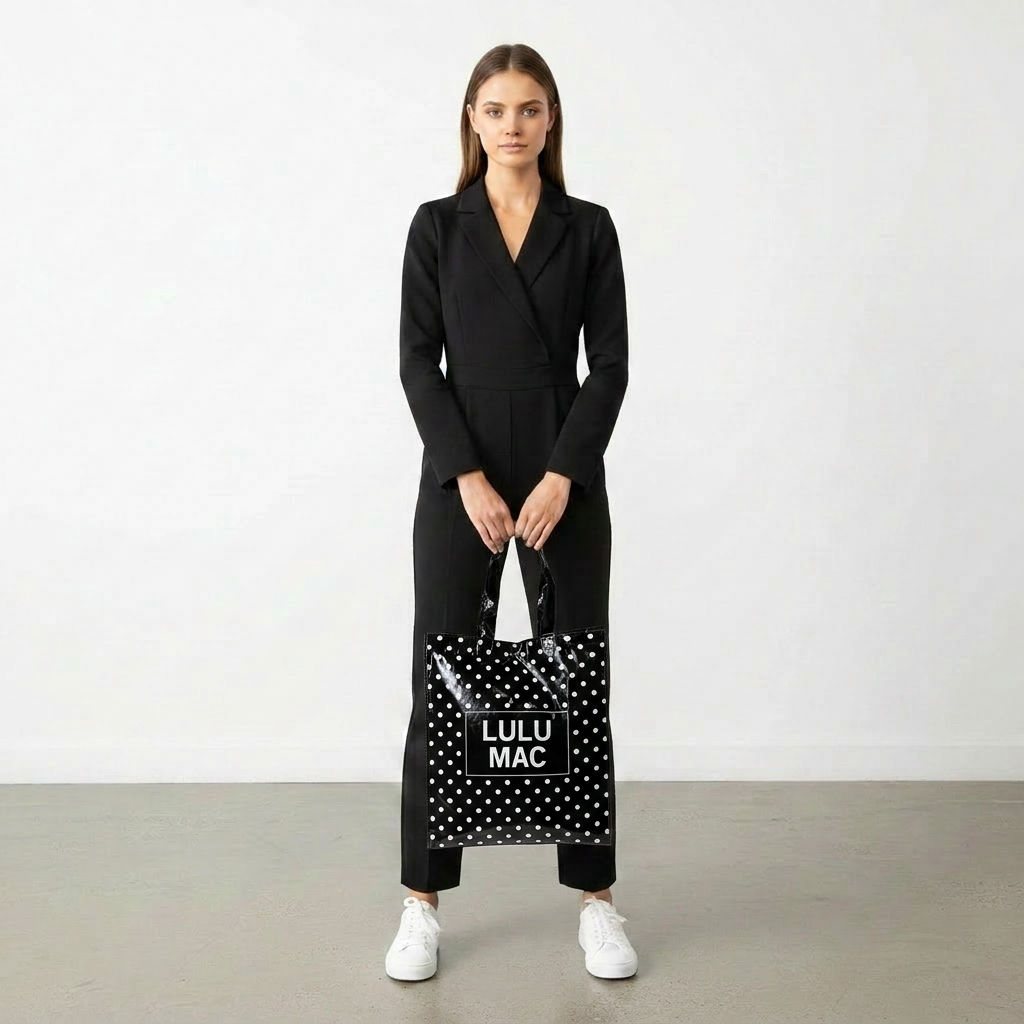 LM-BG-1004 REUSABLE TOTE-BLACK WHITE DOTS