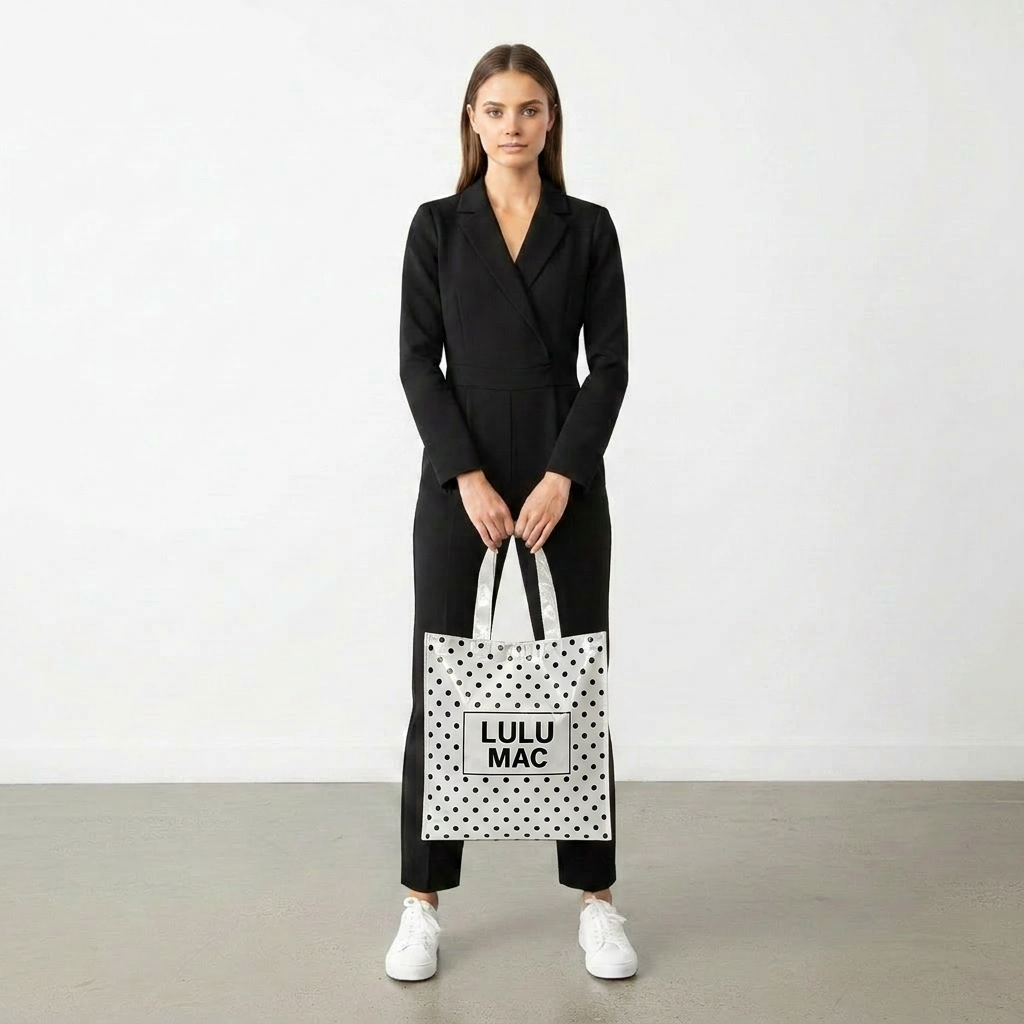 REUSABLE TOTE-WHITE BLACK DOTS