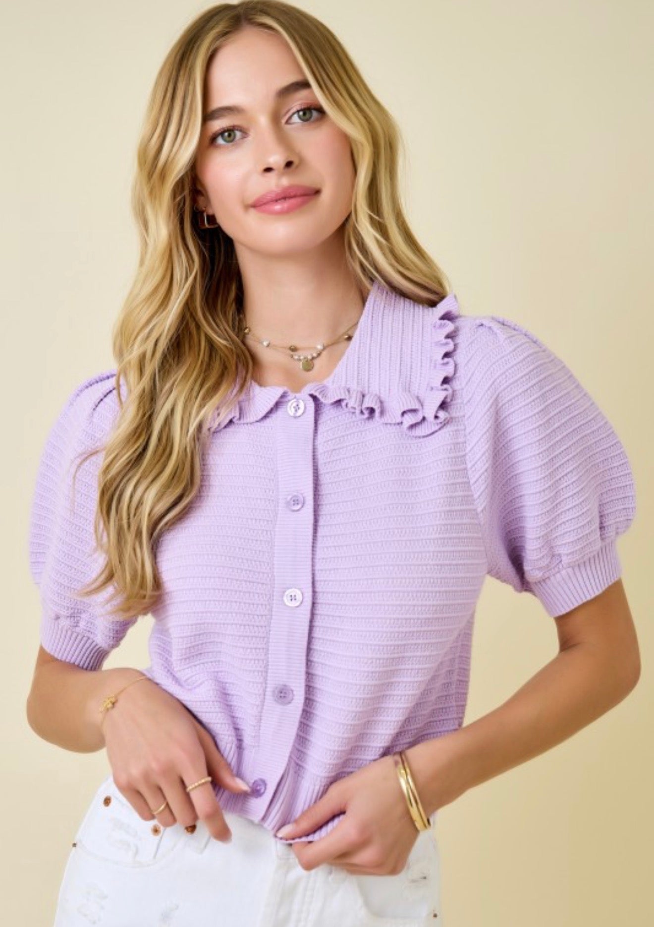 Cropped Ribbed Knit Cardigan Top W/ Ruffled Collar