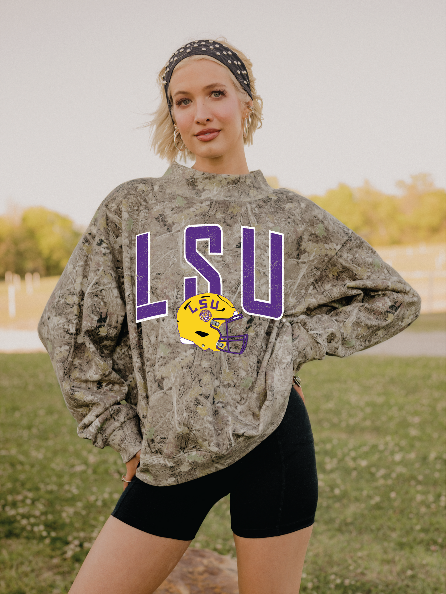 LSU Tigers Helmet Fade Camo Wknd Mock Neck Sweatshirt