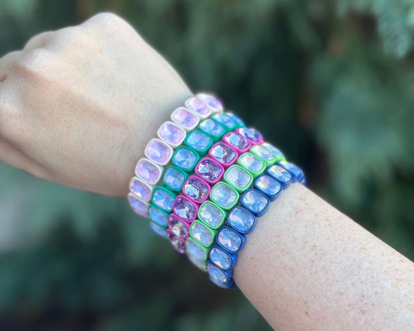 Enamel Stretch Bracelet - Square Gems - Layla - Asst Colors