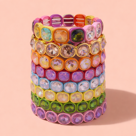 Enamel Stretch Bracelet - Rounded Gems - Elise - Asst Colors