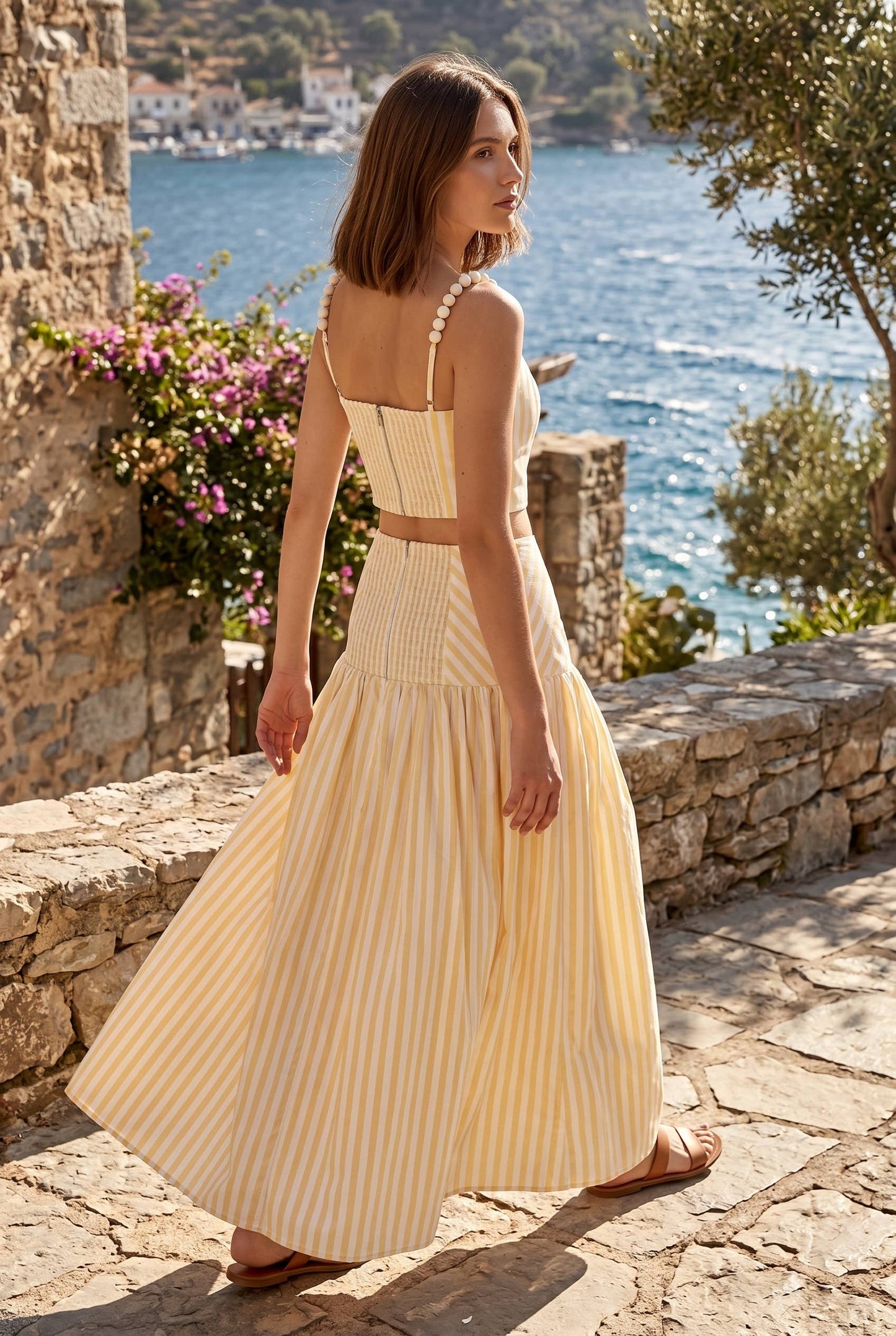 Striped Crop Top & Maxi Skirt Set With Ball Shoulder Strap
