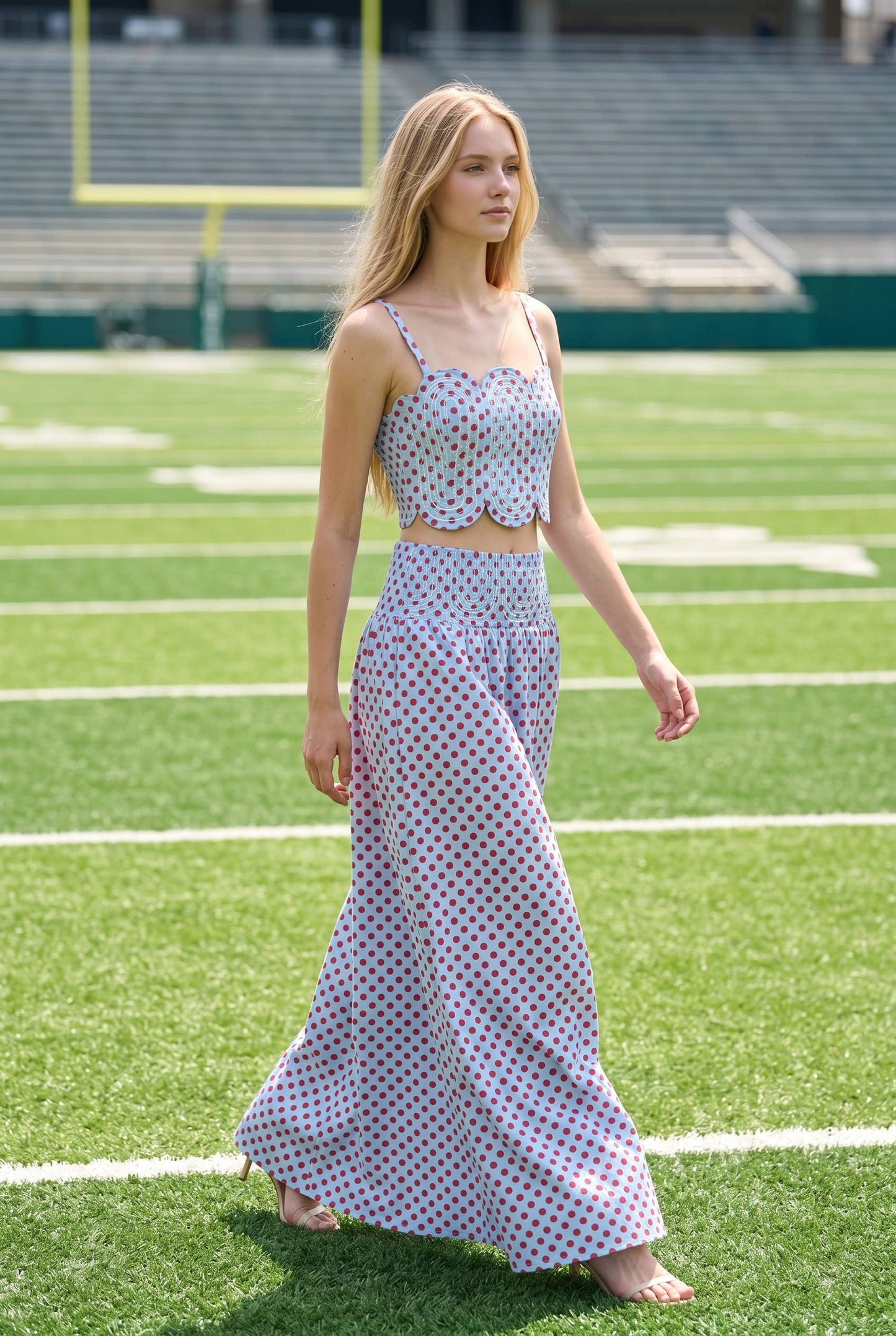 Trim Appliqué Crop Top And Polka Dot Maxi Skirt Set