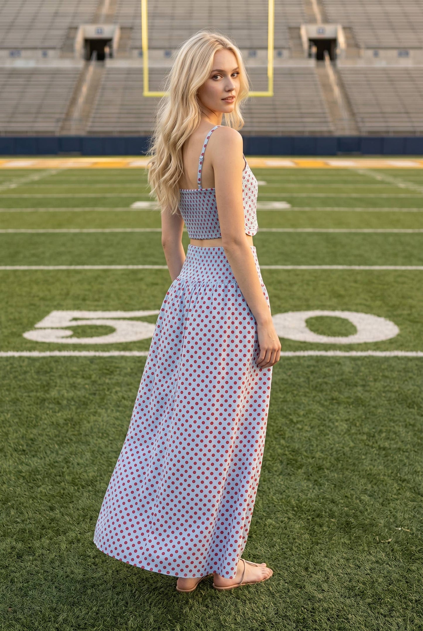 Trim Appliqué Crop Top And Polka Dot Maxi Skirt Set