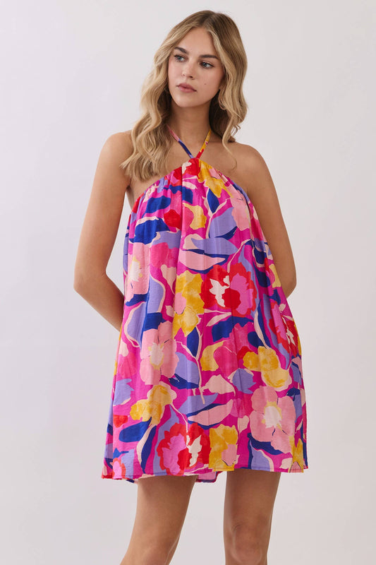 Floral Halter OPen Back Swing Mini Dress