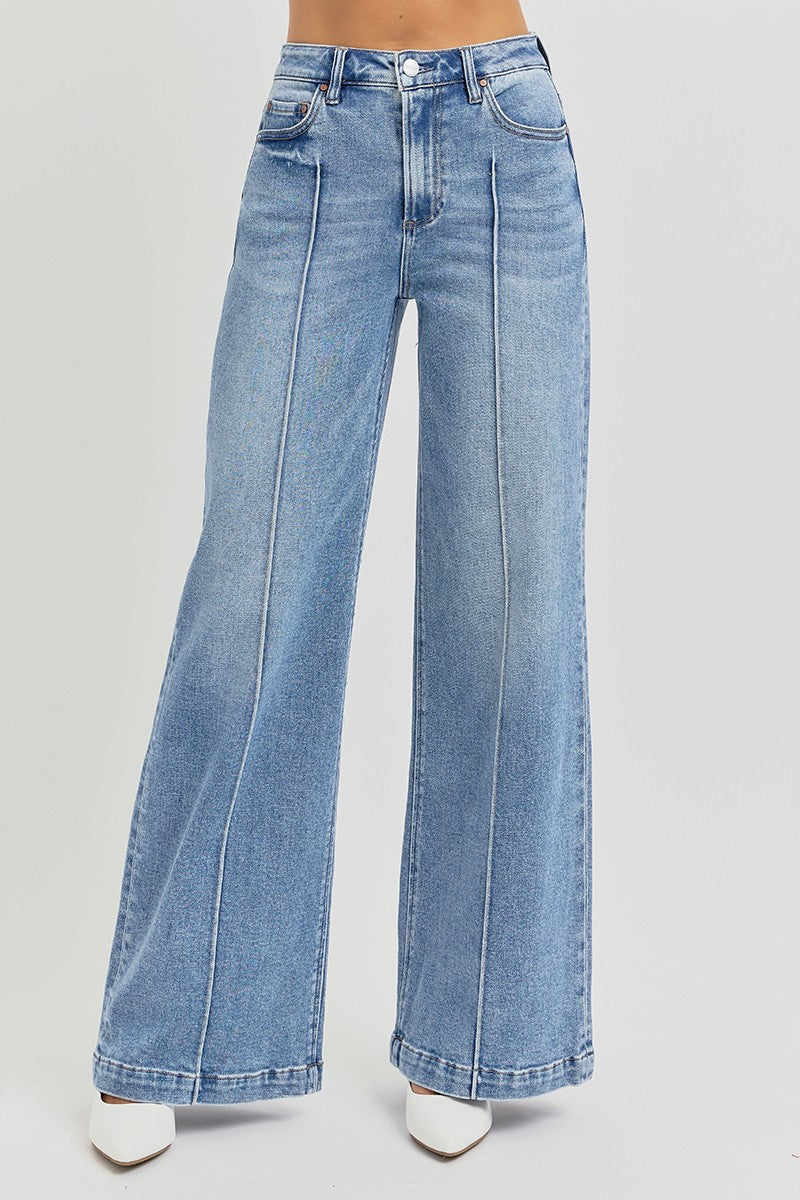 RISEN Medium Wash High Rise Wide Leg Jeans with Pintuck Detail