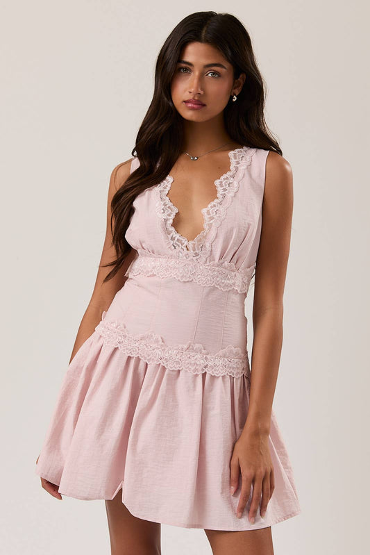 SLEEVELESS V-NECK DROP WAIST LACE TRIM DETAIL MINI DRESS