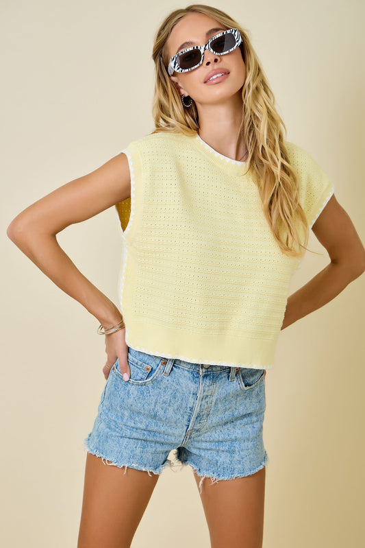 Sleeveless Textured Knit Top W/ Edge Stitch