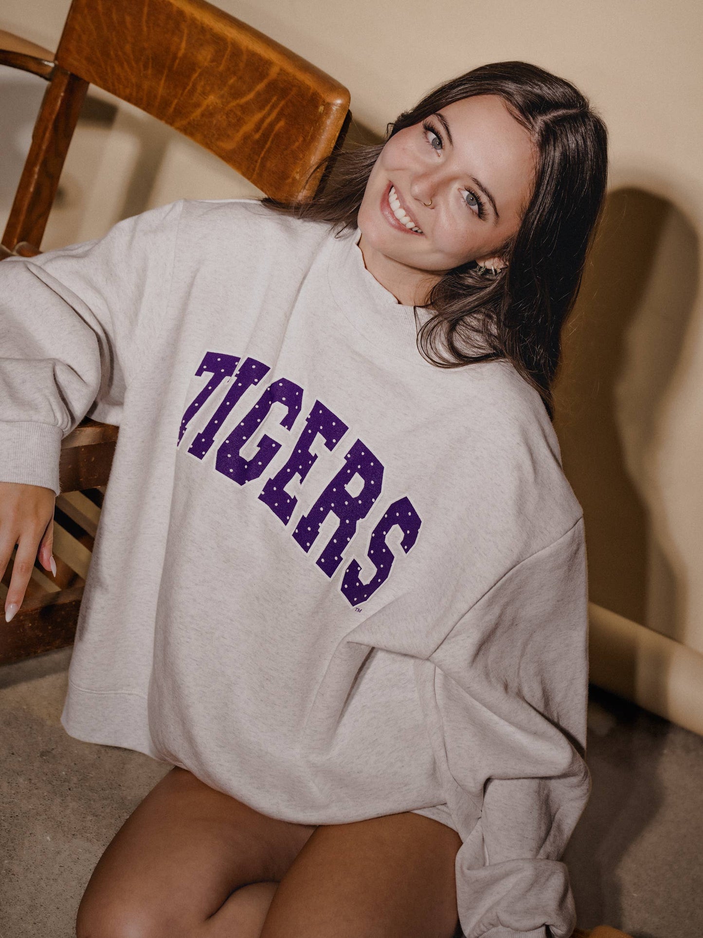 LSU Tigers Polka Dot Puff Gray Wknd Mock Neck Sweatshirt