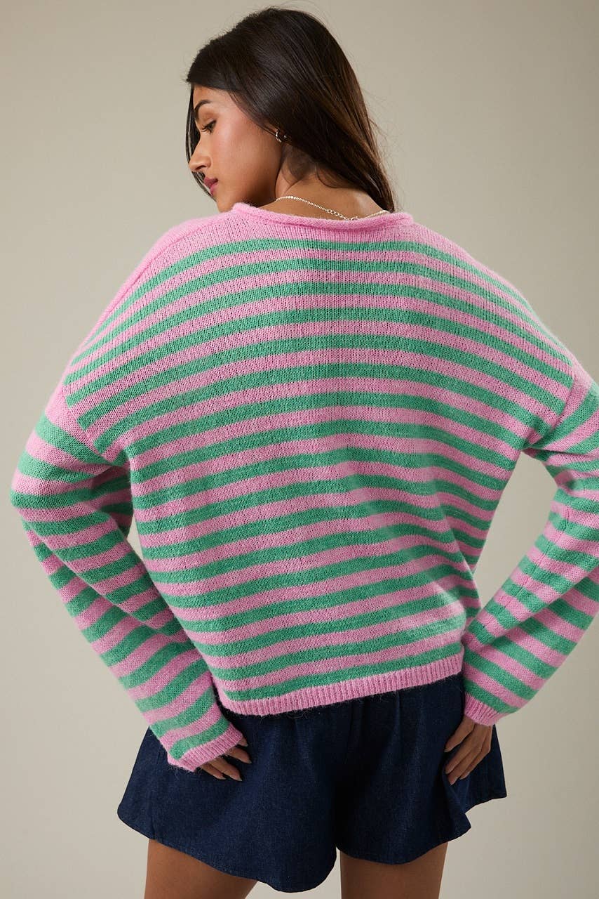 LONG SLEEVE ROLLED HEMLINE DETAIL STRIPE HALF BUTTON SWEATER