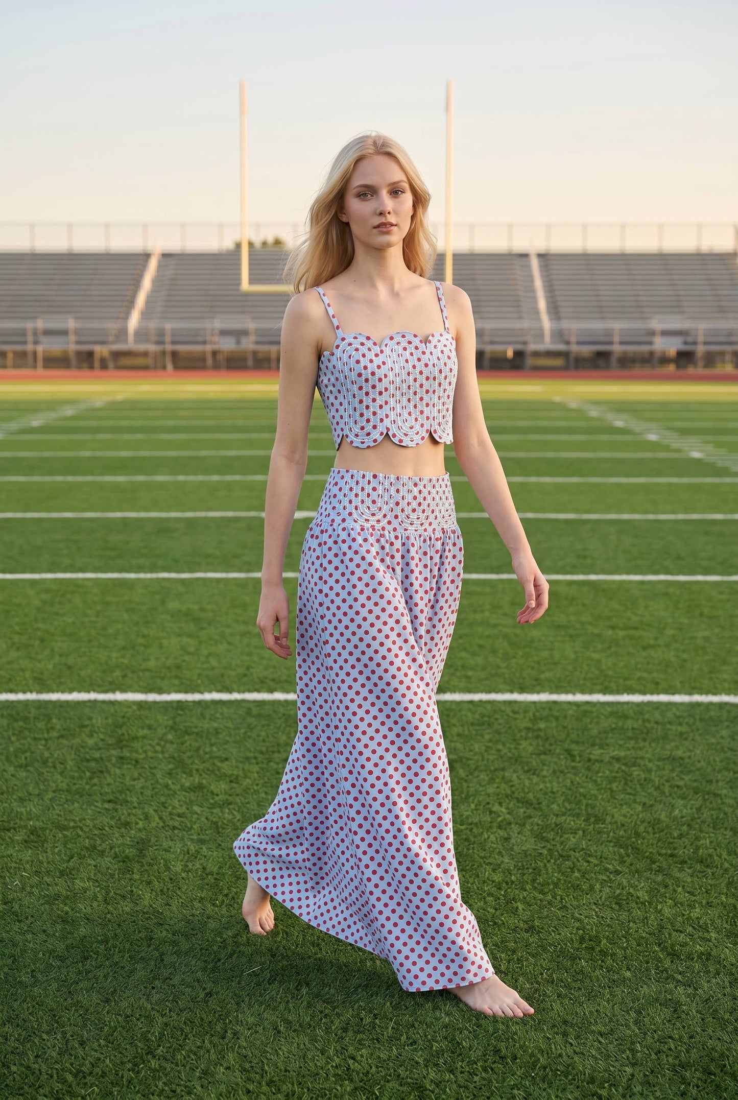 Trim Appliqué Crop Top And Polka Dot Maxi Skirt Set