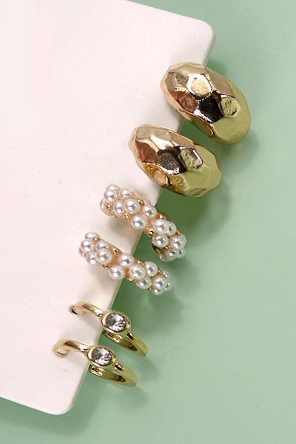TRIO PEARL DIAMOND CUT HUGGIE HOOP EARRINGS |