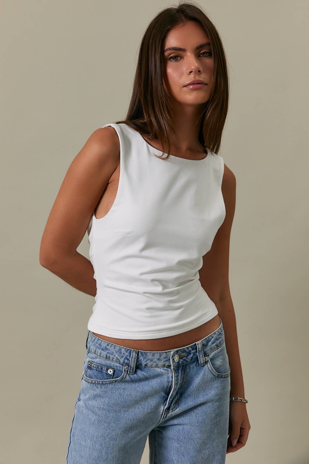 SLEEVELESS HIGH NECK COWL BACK DETAIL KNIT TOP
