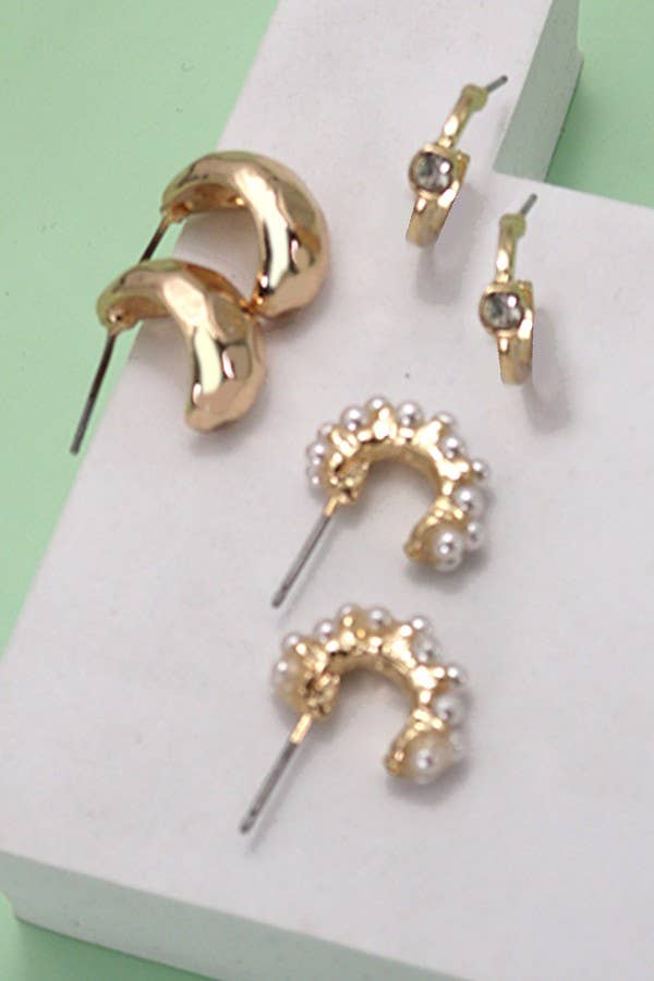 TRIO PEARL DIAMOND CUT HUGGIE HOOP EARRINGS |