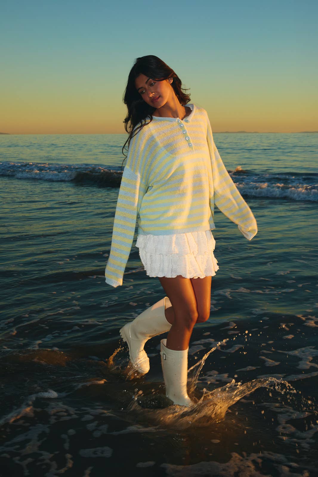 LONG SLEEVE ROLLED HEMLINE DETAIL STRIPE HALF BUTTON SWEATER