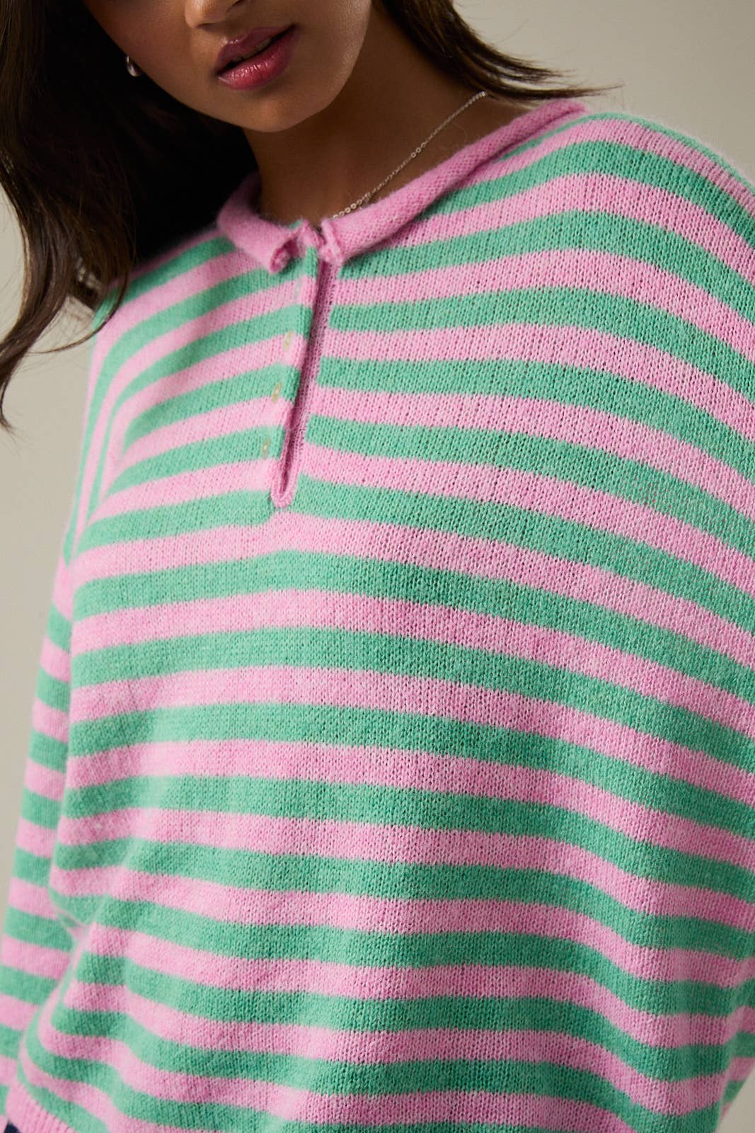 LONG SLEEVE ROLLED HEMLINE DETAIL STRIPE HALF BUTTON SWEATER