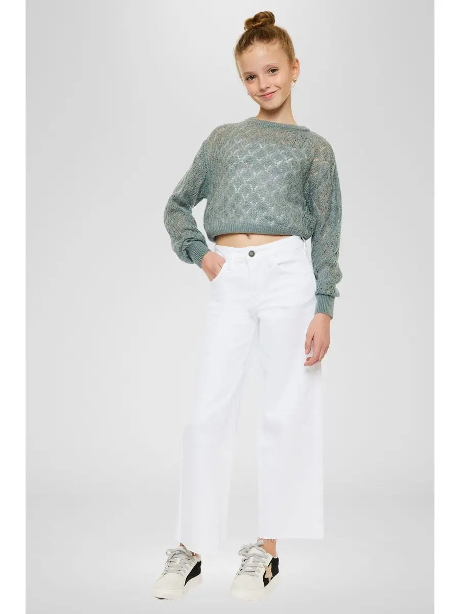 Youth High Rise Crop Wide Leg White Jeans