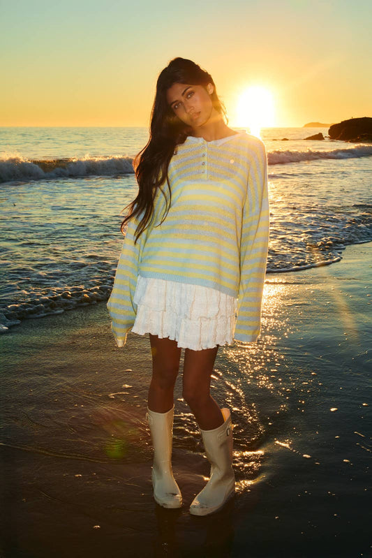 LONG SLEEVE ROLLED HEMLINE DETAIL STRIPE HALF BUTTON SWEATER