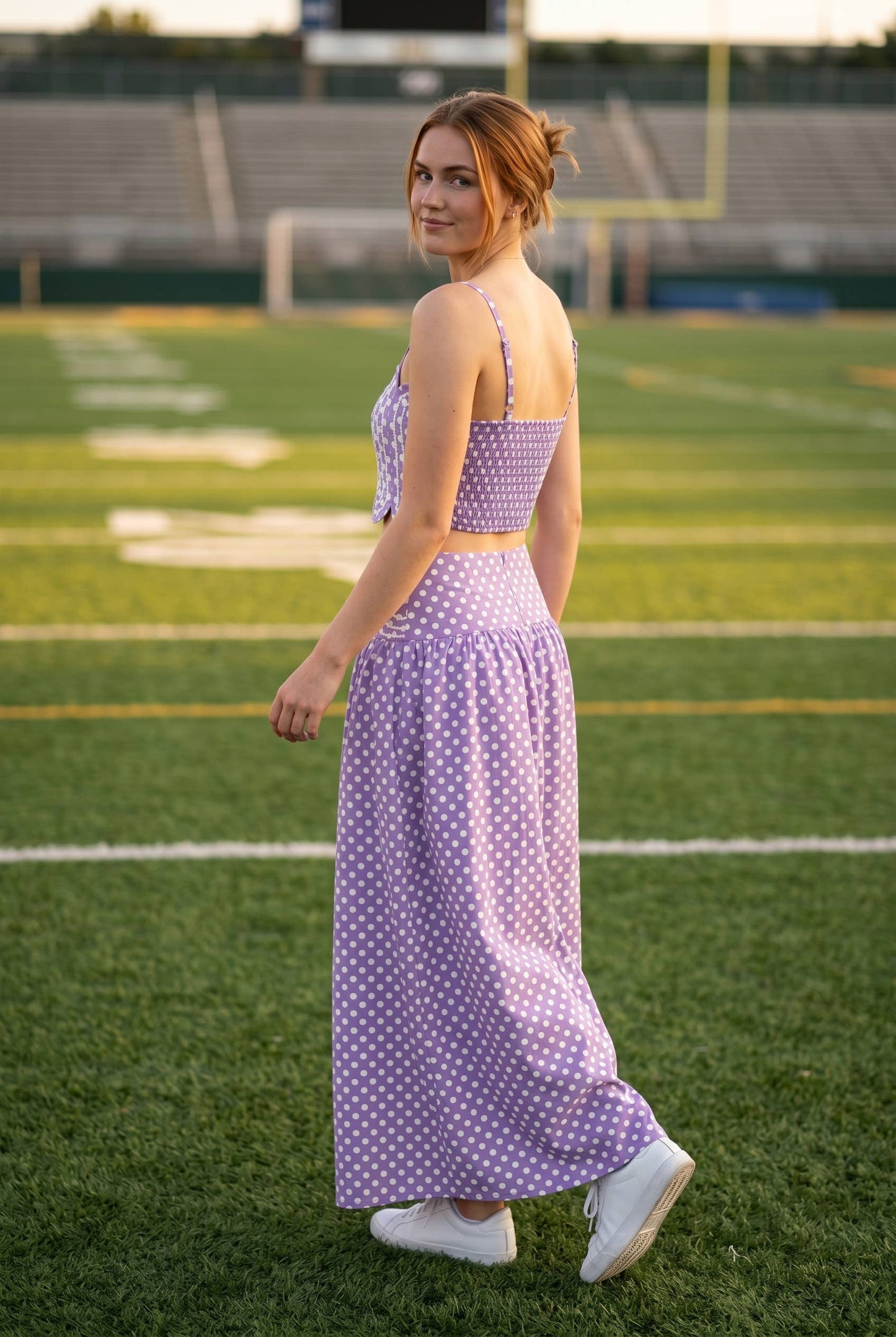 Trim Appliqué Crop Top And Polka Dot Maxi Skirt Set
