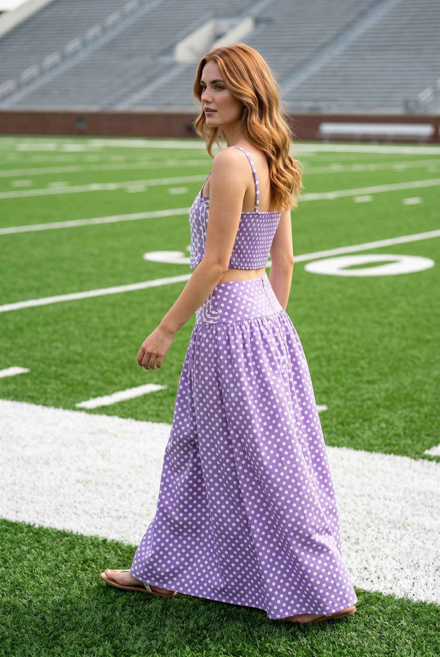 Trim Appliqué Crop Top And Polka Dot Maxi Skirt Set