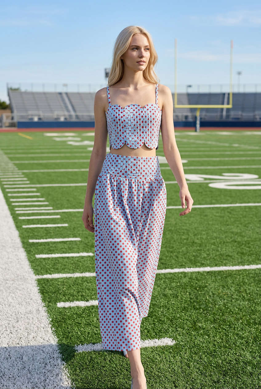 Trim Appliqué Crop Top And Polka Dot Maxi Skirt Set
