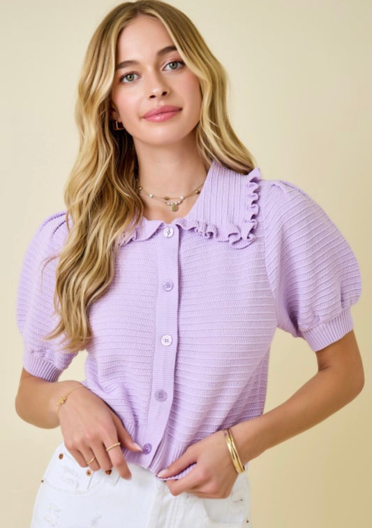 Cropped Ribbed Knit Cardigan Top W/ Ruffled Collar