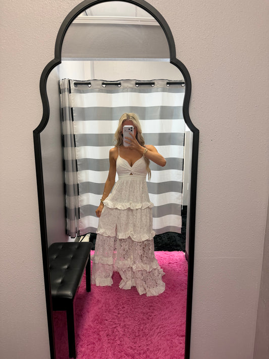 Lace Maxi Dress With Ruffle Tier And Thigh Slit