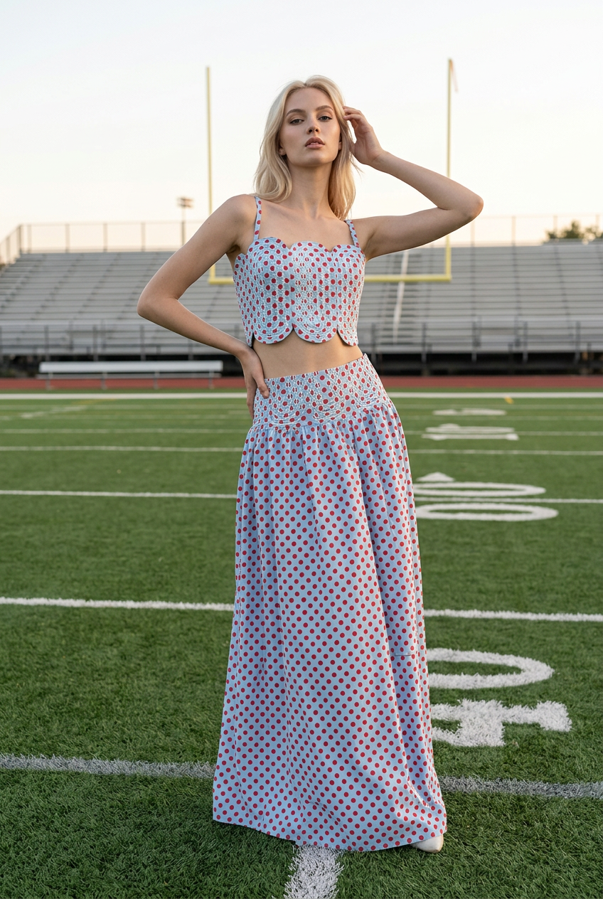 Trim Appliqué Crop Top And Polka Dot Maxi Skirt Set