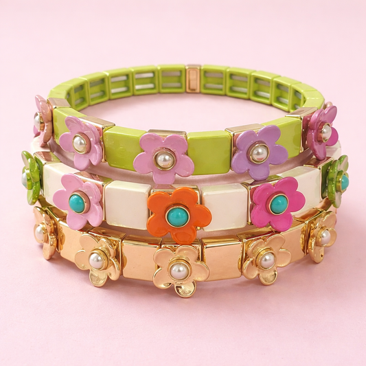 Enamel Stretch Bracelet - Flowers - Poppy - Assorted Colors
