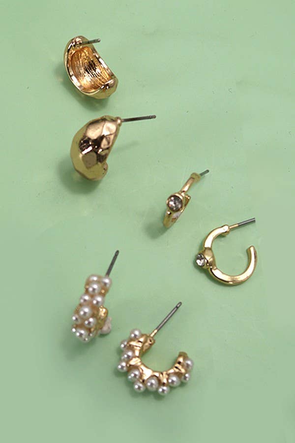 TRIO PEARL DIAMOND CUT HUGGIE HOOP EARRINGS |