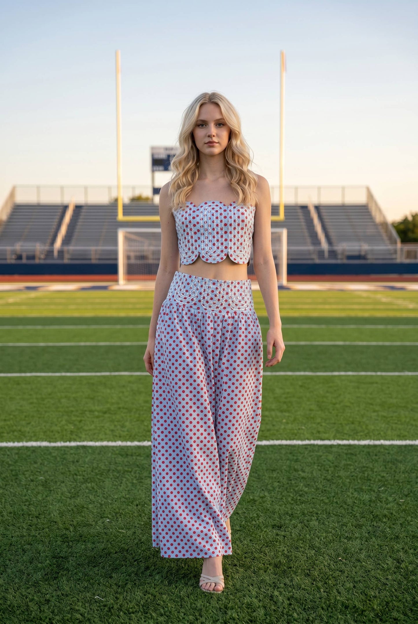 Trim Appliqué Crop Top And Polka Dot Maxi Skirt Set