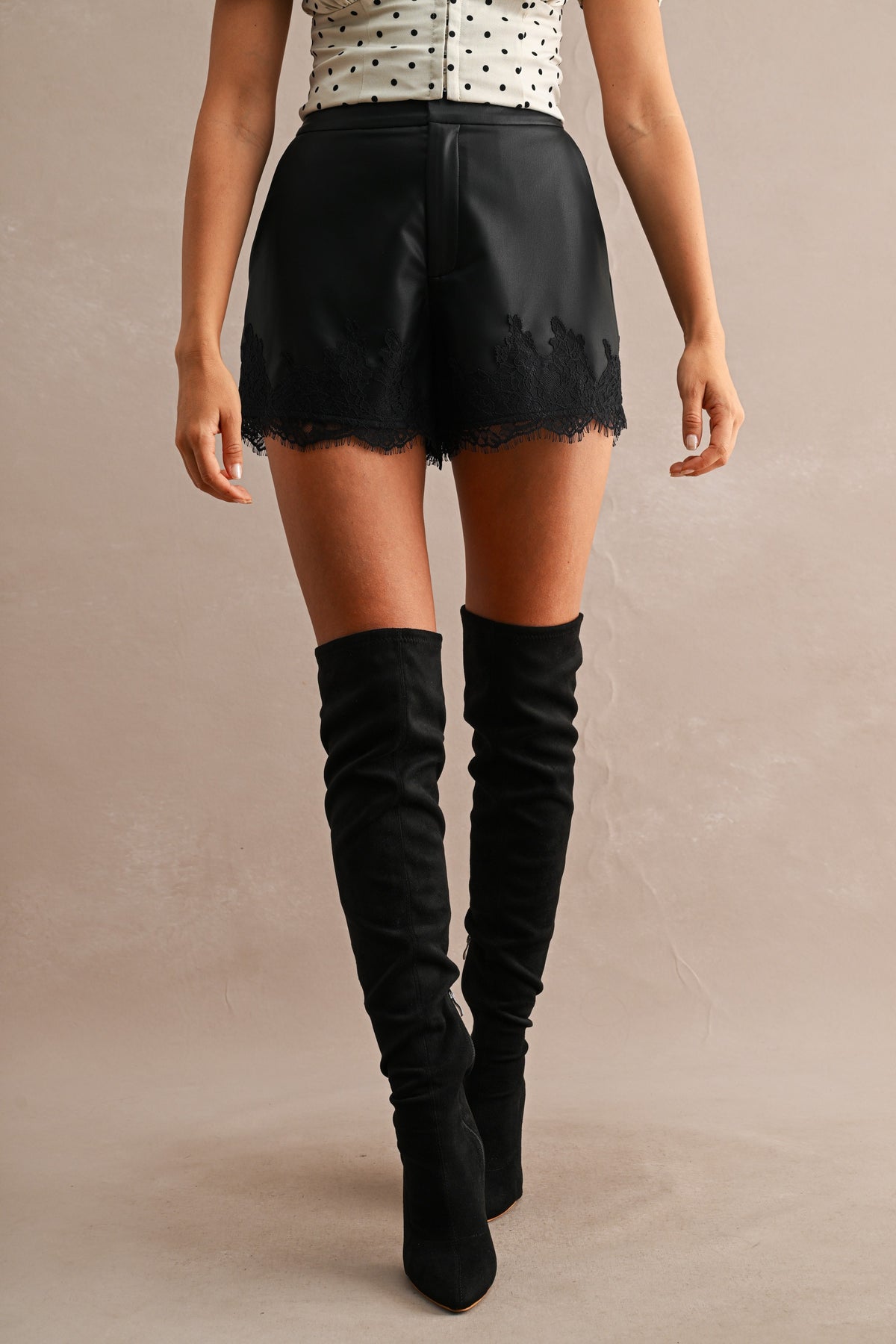 Faux Leather Lace Trim Shorts