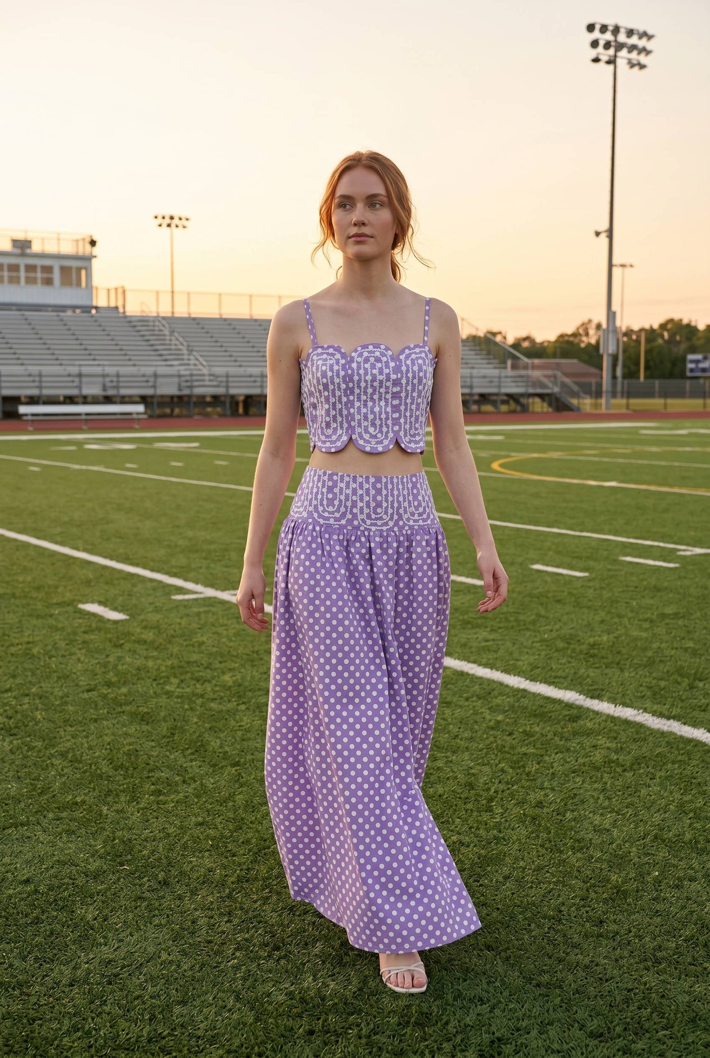 Trim Appliqué Crop Top And Polka Dot Maxi Skirt Set