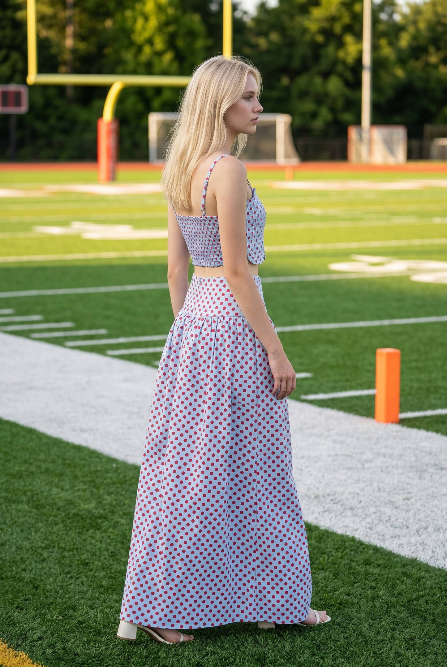Trim Appliqué Crop Top And Polka Dot Maxi Skirt Set