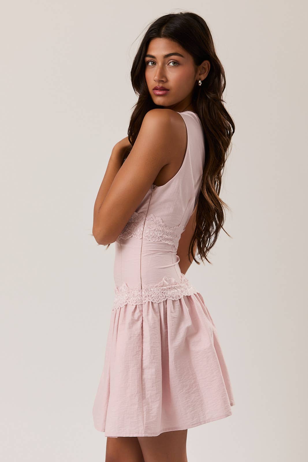 SLEEVELESS V-NECK DROP WAIST LACE TRIM DETAIL MINI DRESS