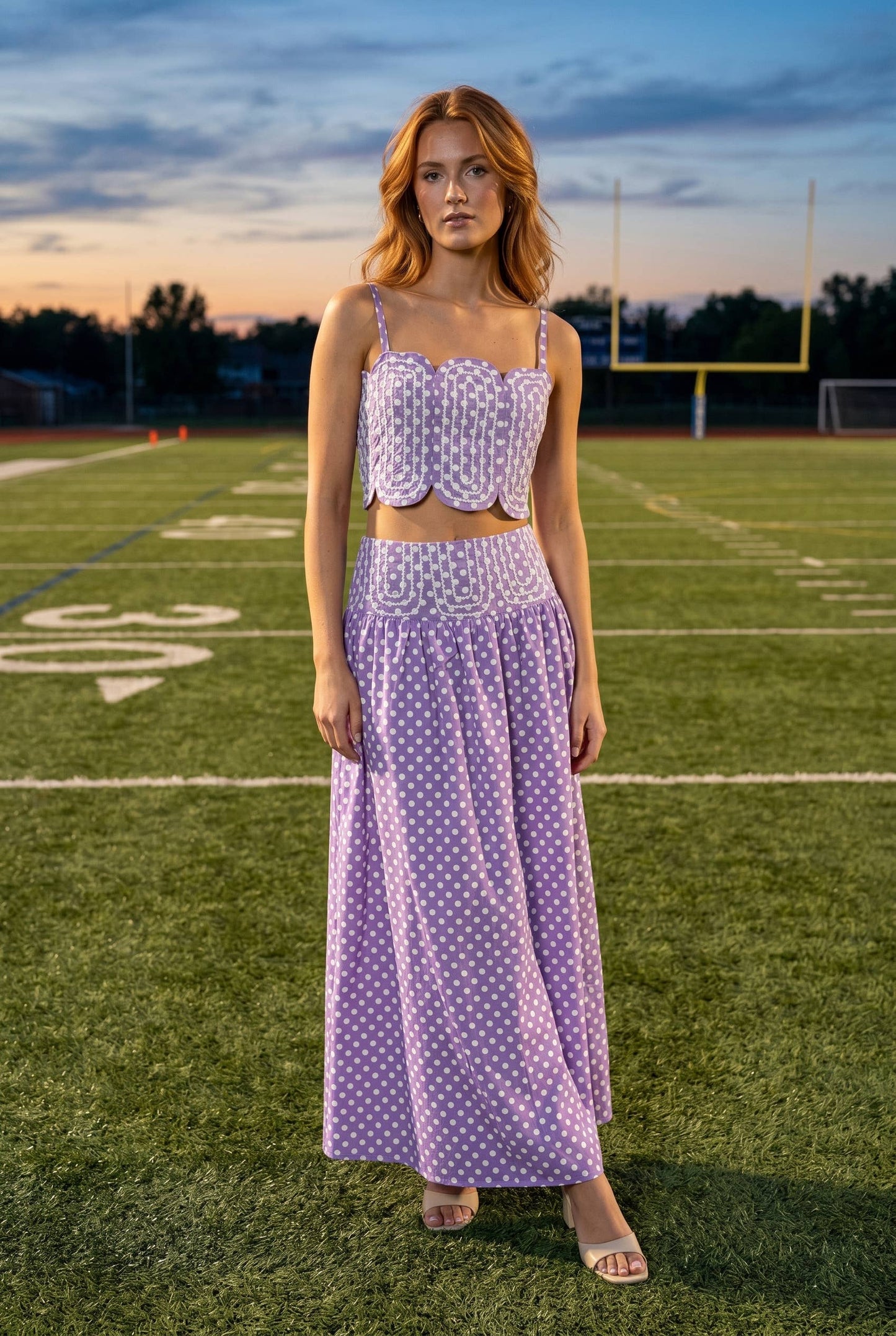 Trim Appliqué Crop Top And Polka Dot Maxi Skirt Set