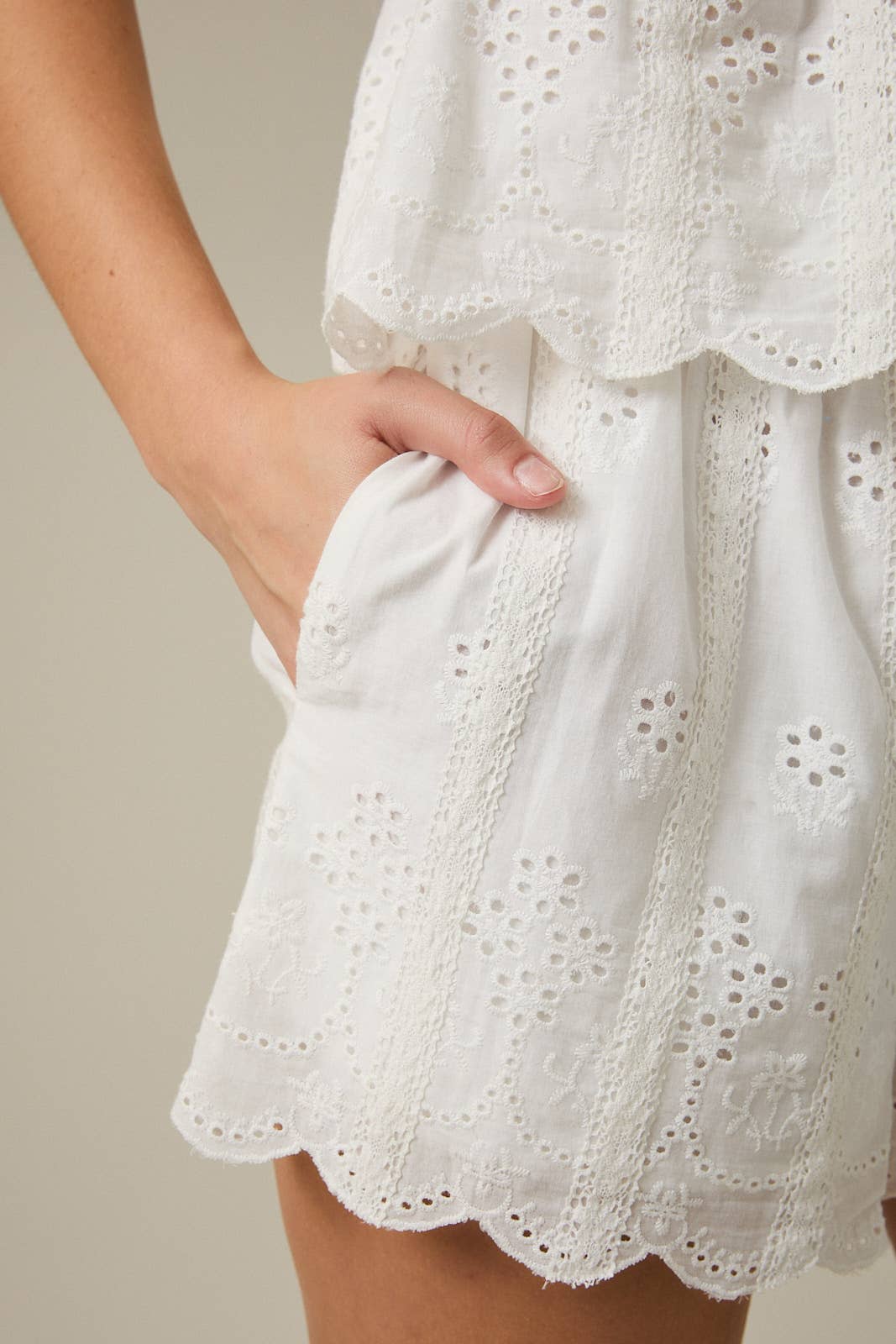 LACE TRIM SMOCKED HIGH WAIST SHORTS