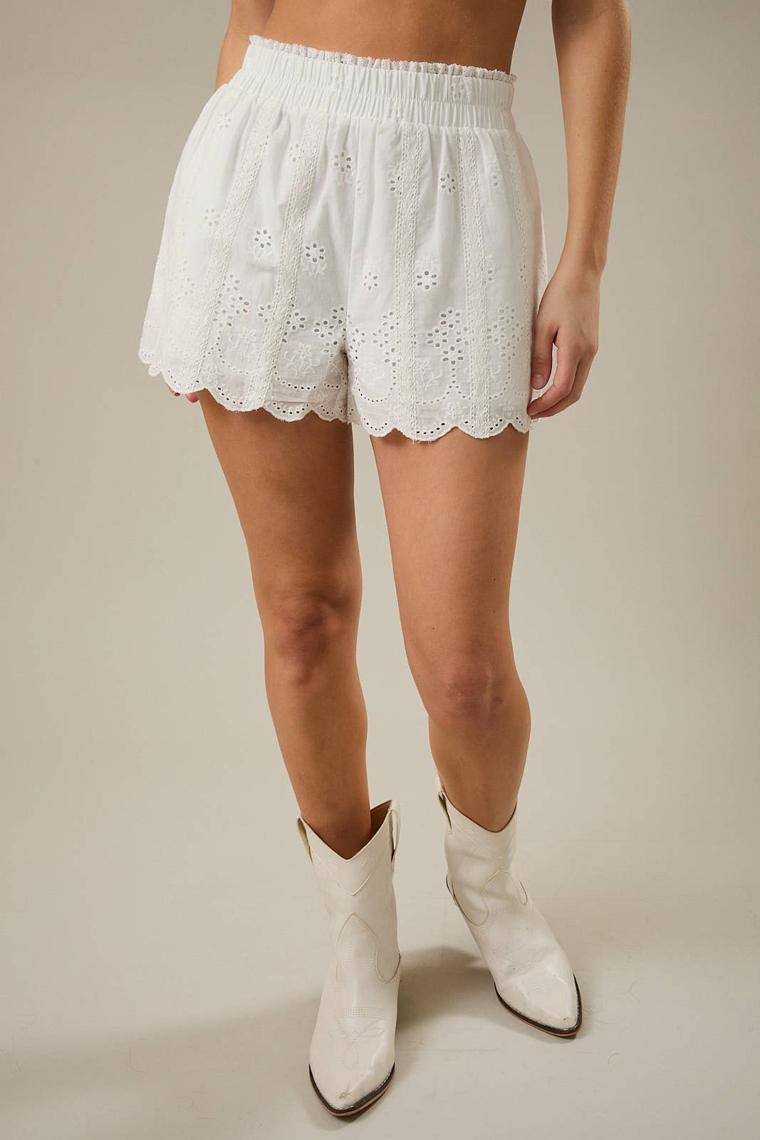 LACE TRIM SMOCKED HIGH WAIST SHORTS