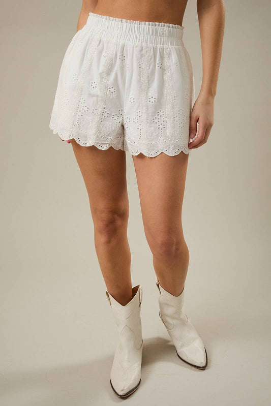 LACE TRIM SMOCKED HIGH WAIST SHORTS