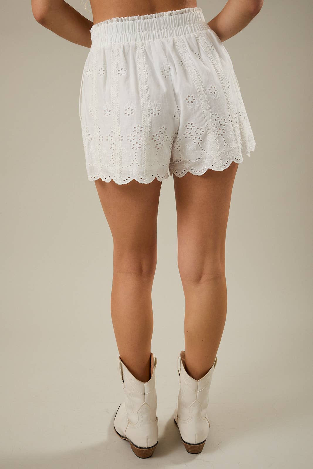 LACE TRIM SMOCKED HIGH WAIST SHORTS