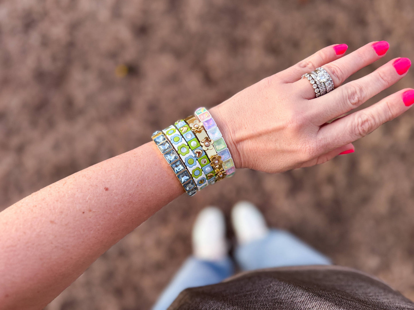 Enamel Stretch Bracelet - Square Gems - Libby - Asst Colors
