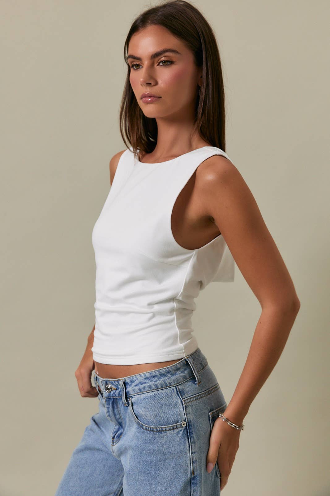 SLEEVELESS HIGH NECK COWL BACK DETAIL KNIT TOP