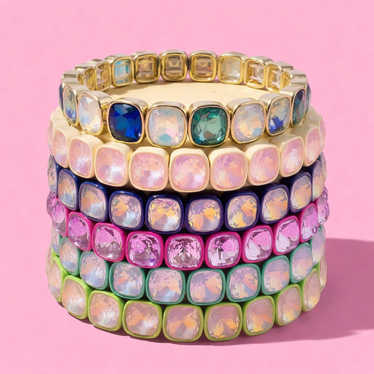 Enamel Stretch Bracelet - Square Gems - Layla - Asst Colors