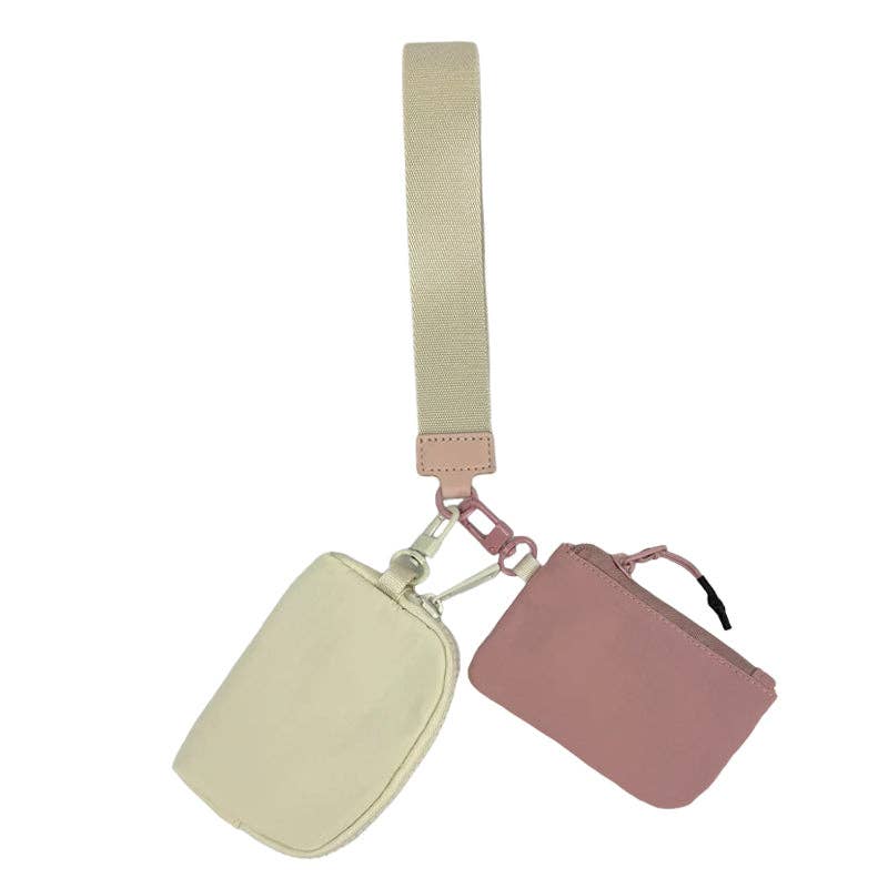 Cream/Mauve Lulu Mac Wristlet Key Chain Double Pouch