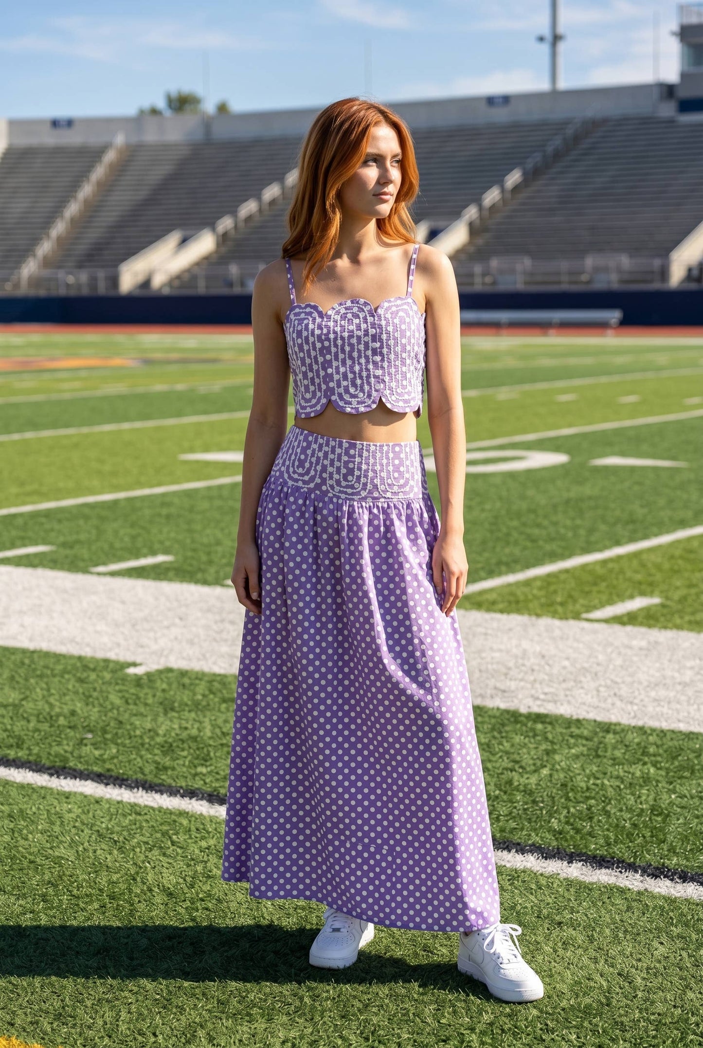 Trim Appliqué Crop Top And Polka Dot Maxi Skirt Set