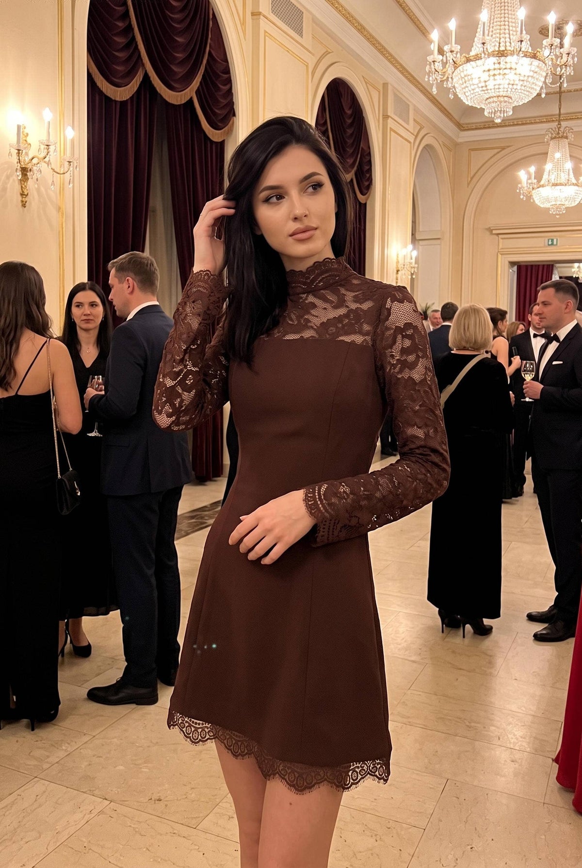 Lace Mock Neck Long Sleeve Open Back Dress
