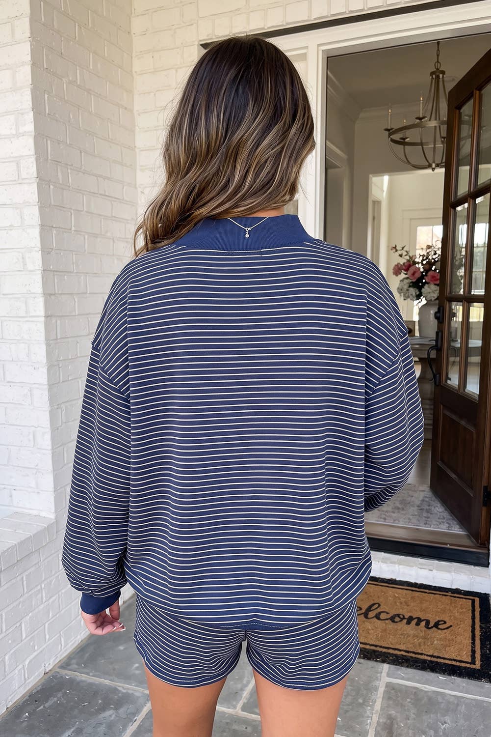 Striped Mock Neck Shorts Set